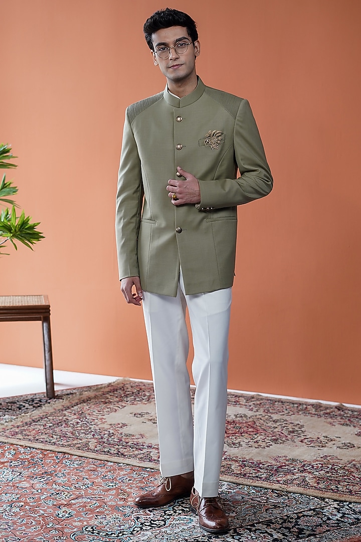 Olive Green Perennial Wool Wedding Bandhgala by Philocaly at Pernia's Pop Up Shop