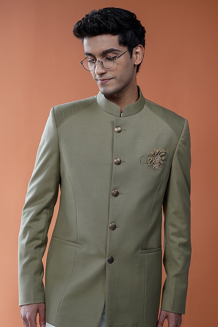 Olive Green Perennial Wool Wedding Bandhgala by Philocaly at Pernia's Pop Up Shop