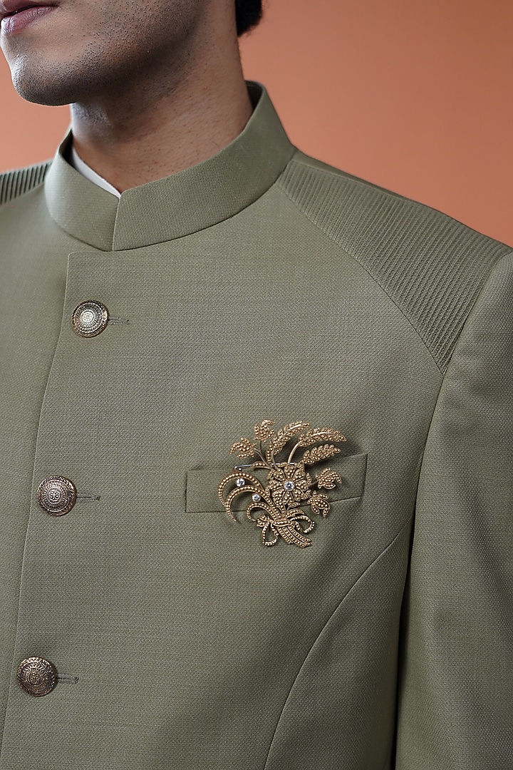Olive Green Perennial Wool Wedding Bandhgala by Philocaly at Pernia's Pop Up Shop