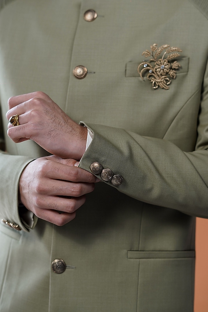 Olive Green Perennial Wool Wedding Bandhgala by Philocaly at Pernia's Pop Up Shop