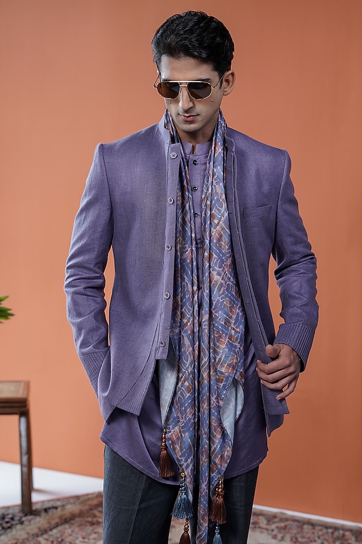 Purple Linen Bandhgala by Philocaly at Pernia's Pop Up Shop