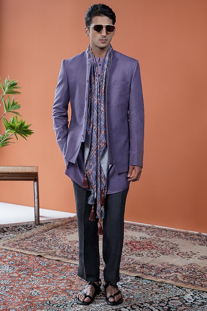 Purple Linen Bandhgala Set by Philocaly