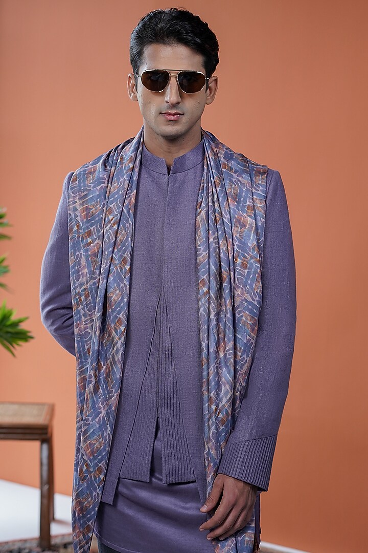 Purple Linen Wedding Bandhgala Set by Philocaly at Pernia's Pop Up Shop