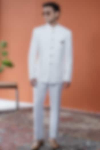 Pristine White Linen Bandhgala by Philocaly at Pernia's Pop Up Shop