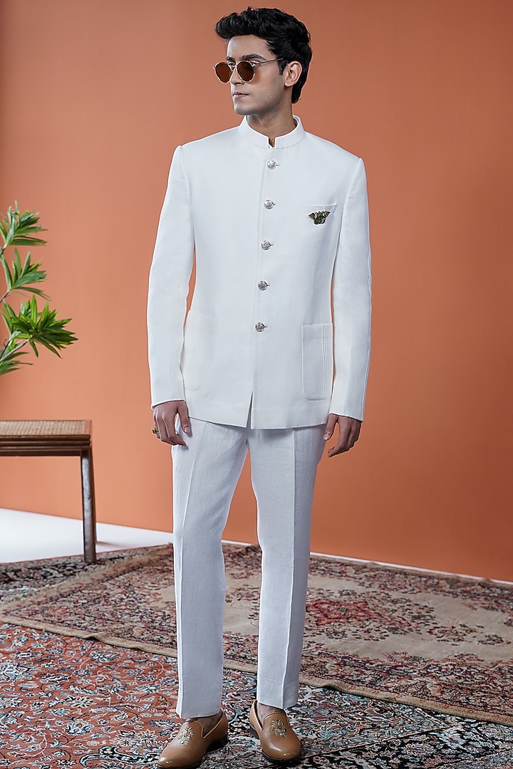 Pristine White Linen Bandhgala by Philocaly at Pernia's Pop Up Shop