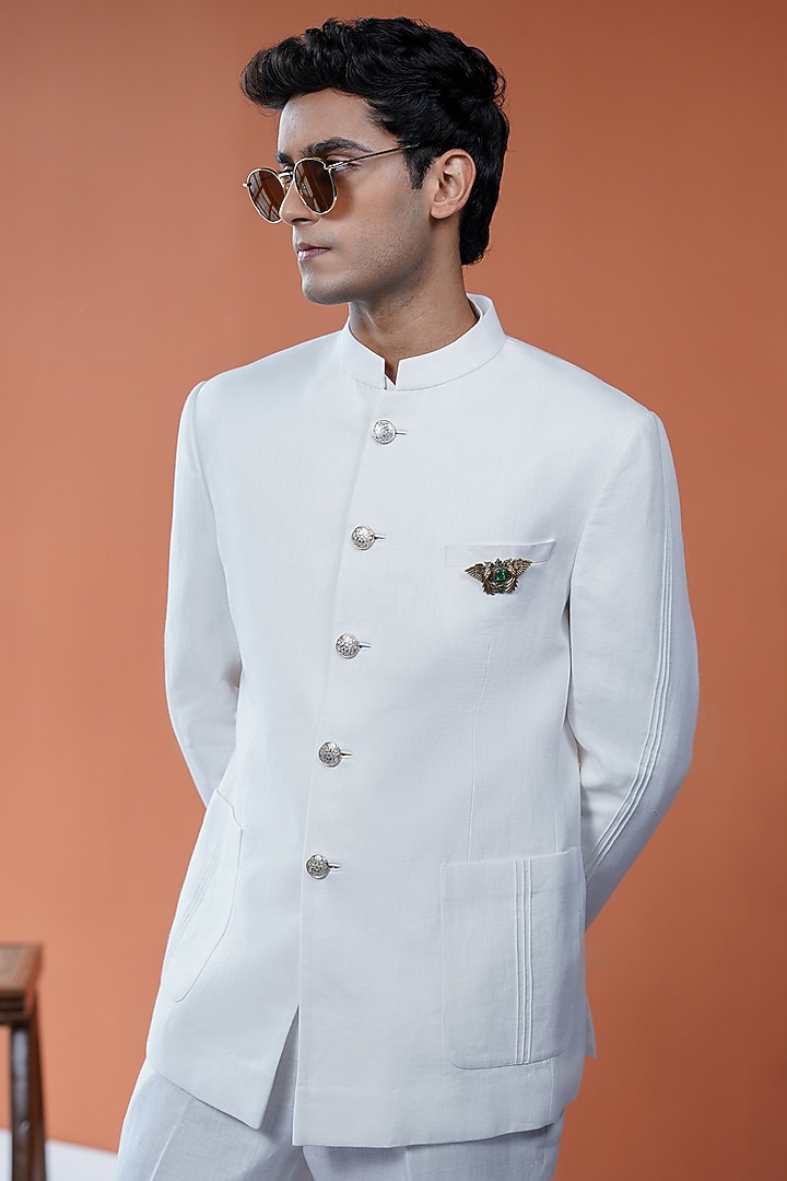Pristine White Linen Bandhgala by Philocaly at Pernia's Pop Up Shop