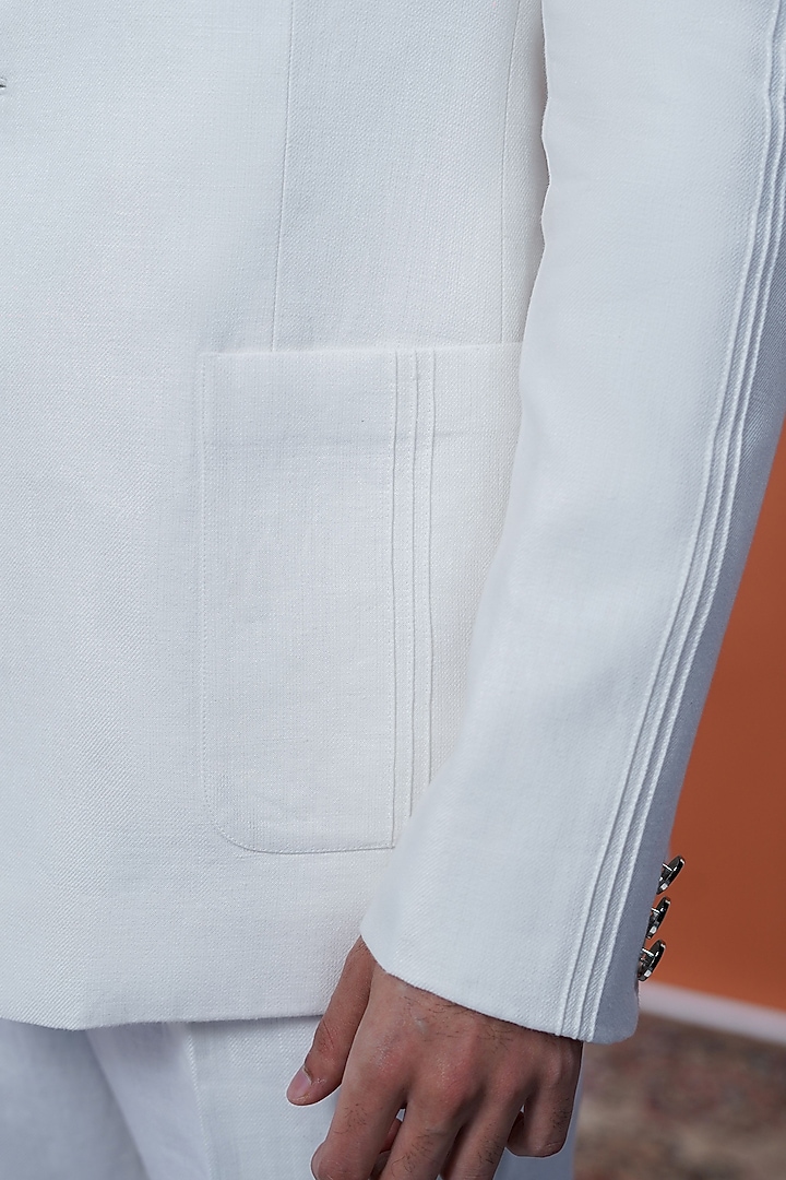 Pristine White Linen Bandhgala by Philocaly at Pernia's Pop Up Shop