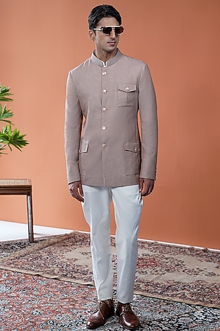 Pastel Brown Linen Bandhgala by Philocaly