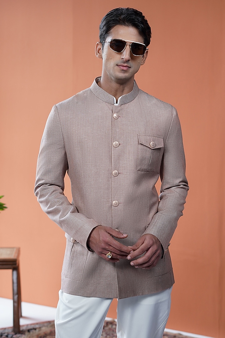 Pastel Brown Linen Bandhgala by Philocaly at Pernia's Pop Up Shop