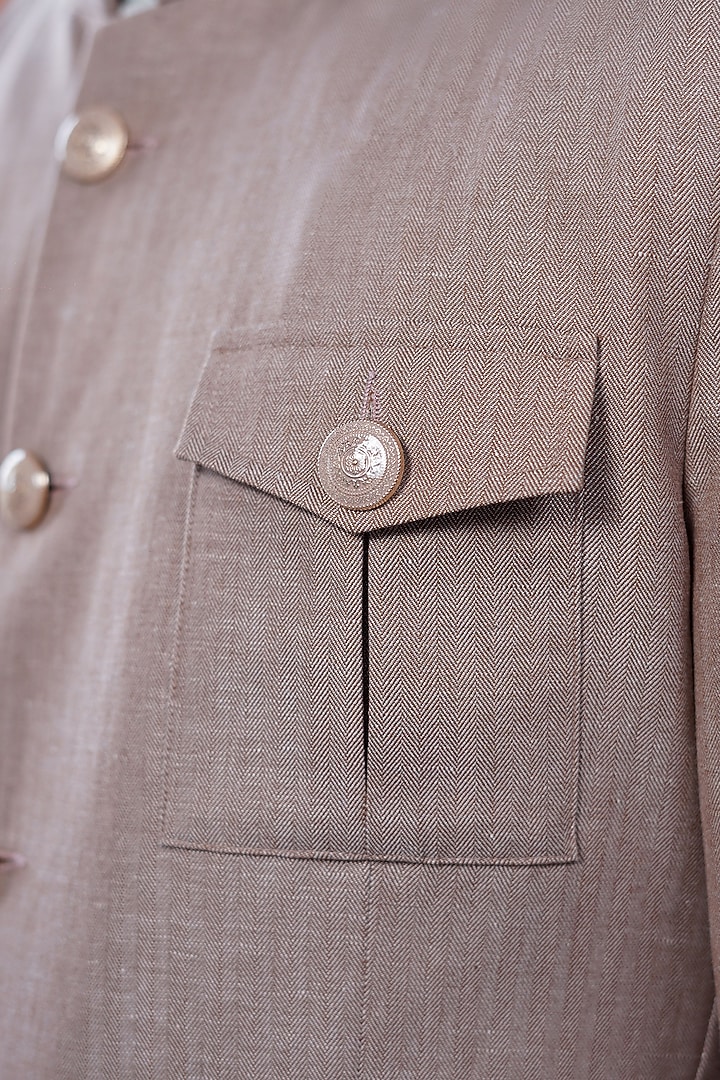 Pastel Brown Linen Bandhgala by Philocaly at Pernia's Pop Up Shop