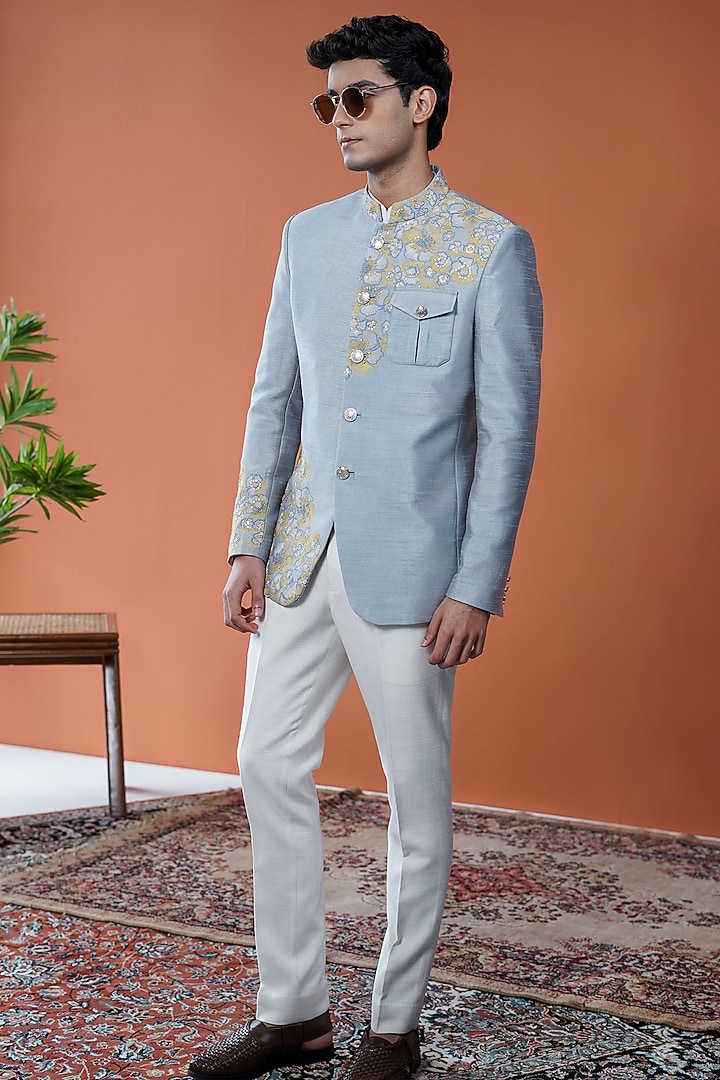 Powder Blue Silk Blend Floral Embroidered Bandhgala by Philocaly