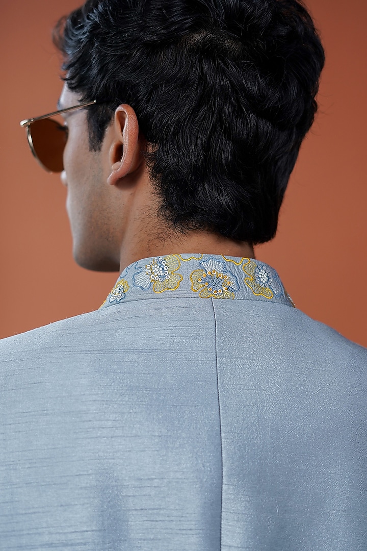 Powder Blue Silk Blend Floral Embroidered Wedding Bandhgala by Philocaly at Pernia's Pop Up Shop