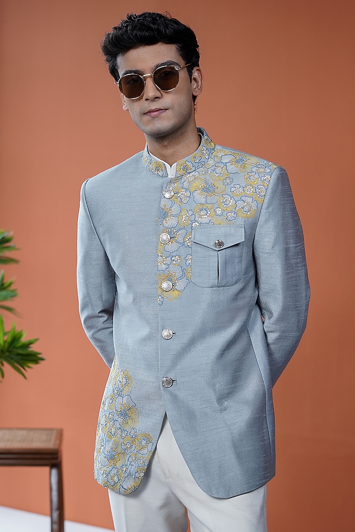 Powder Blue Silk Blend Floral Embroidered Wedding Bandhgala by Philocaly at Pernia's Pop Up Shop