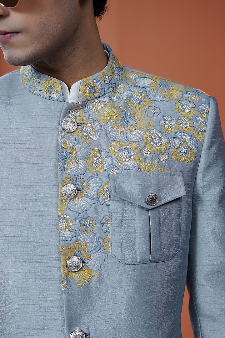 Powder Blue Silk Blend Floral Embroidered Wedding Bandhgala by Philocaly at Pernia's Pop Up Shop