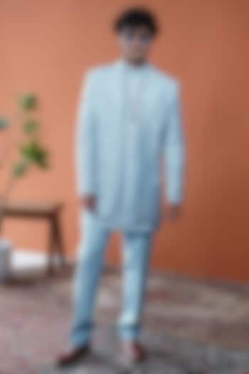 Light Blue Cotton Silk Embroidered Open-Style Bandhgala by Philocaly