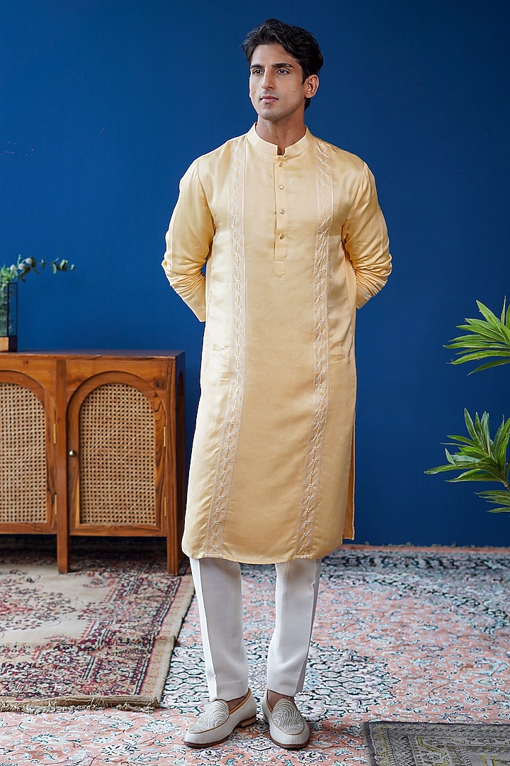 Champagne Gold Linen Satin Embroidered Kurta by Philocaly
