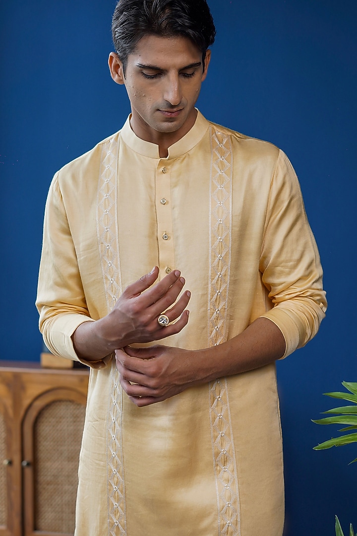 Champagne Gold Linen Satin Embroidered Kurta by Philocaly at Pernia's Pop Up Shop