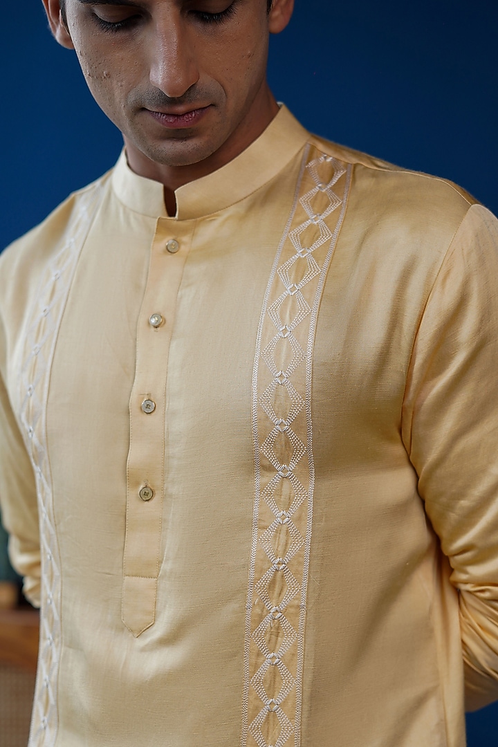 Champagne Gold Linen Satin Embroidered Kurta by Philocaly at Pernia's Pop Up Shop