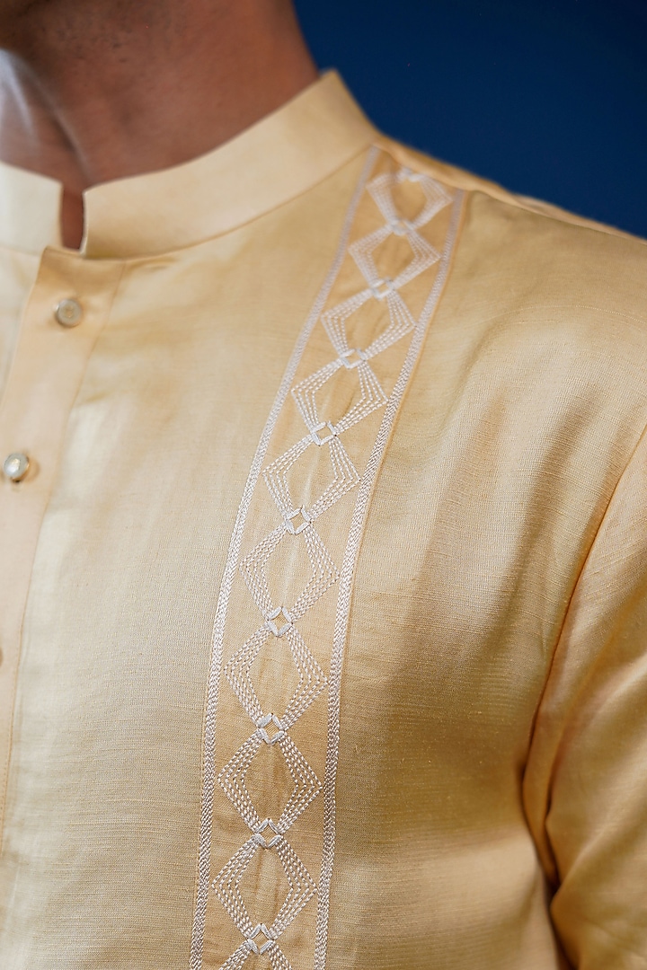 Champagne Gold Linen Satin Embroidered Kurta by Philocaly at Pernia's Pop Up Shop