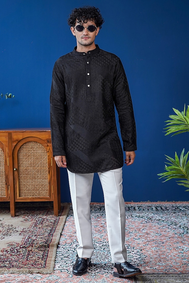 Black Silk Threadwork Kurta by Philocaly