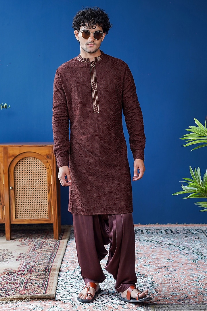 Brown Silk Zari Kurta by Philocaly