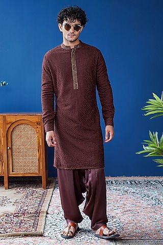 Brown Silk Zari Kurta by Philocaly