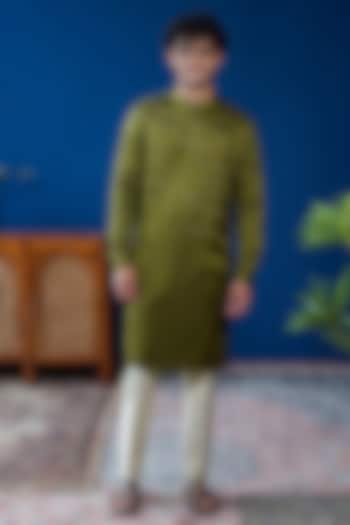 Dark Olive Linen Satin Embroidered Kurta by Philocaly