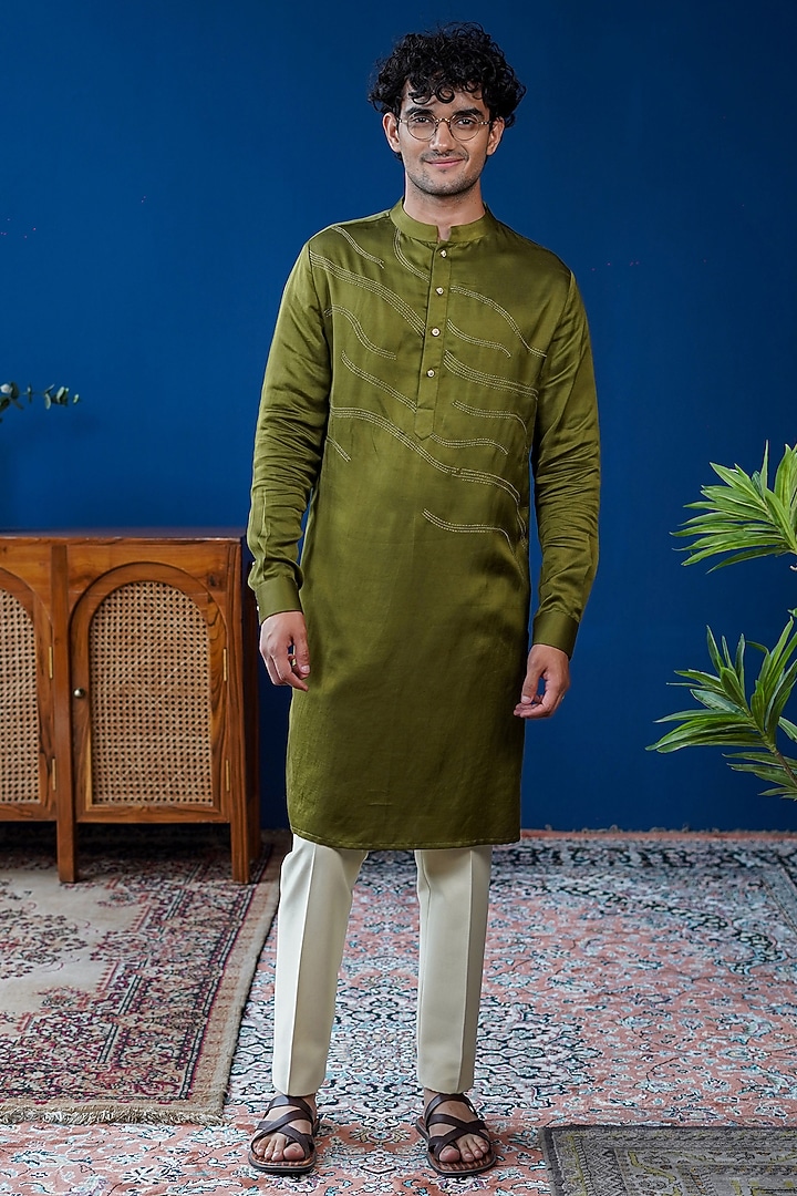 Dark Olive Linen Satin Embroidered Kurta by Philocaly