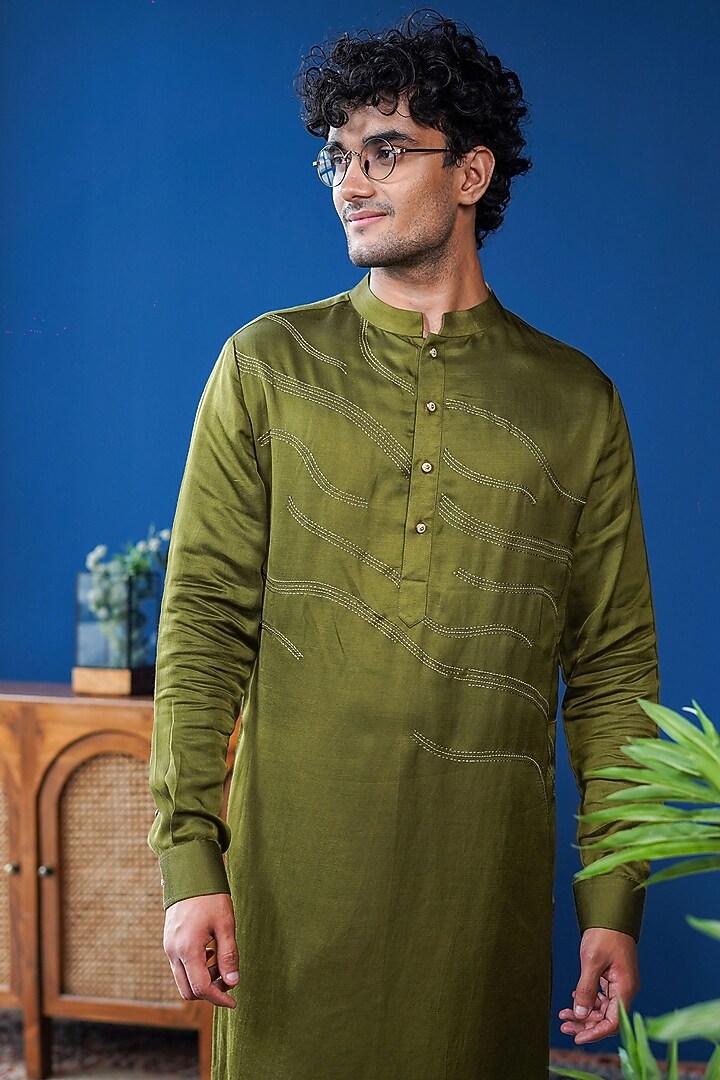 Dark Olive Linen Satin Embroidered Kurta by Philocaly at Pernia's Pop Up Shop