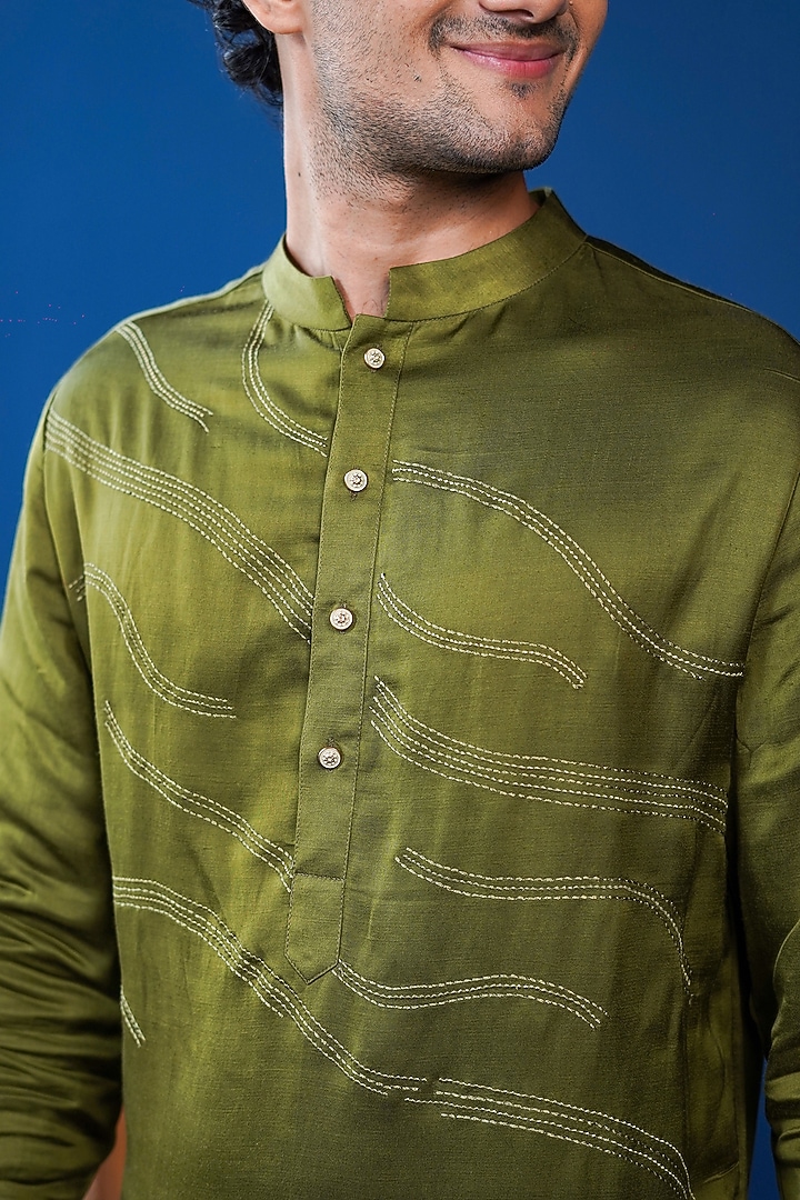 Dark Olive Linen Satin Embroidered Kurta by Philocaly at Pernia's Pop Up Shop