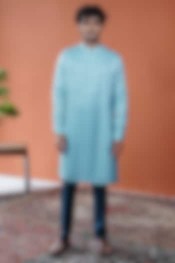 Light Blue Linen Satin Embroidered Kurta by Philocaly