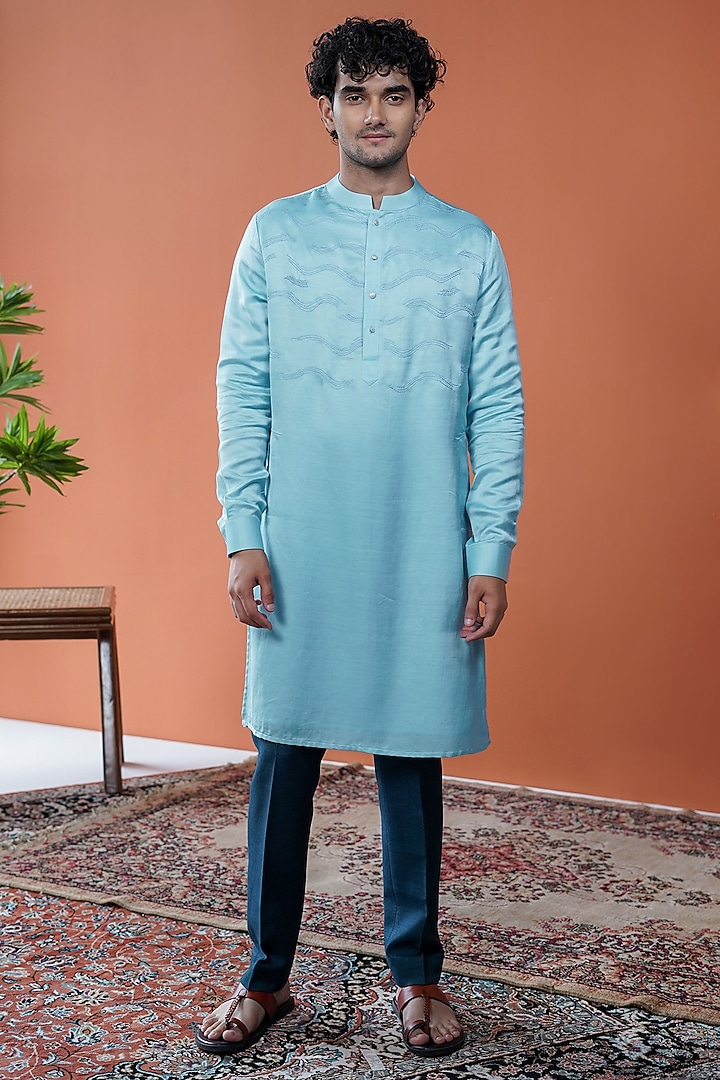 Light Blue Linen Satin Embroidered Kurta by Philocaly