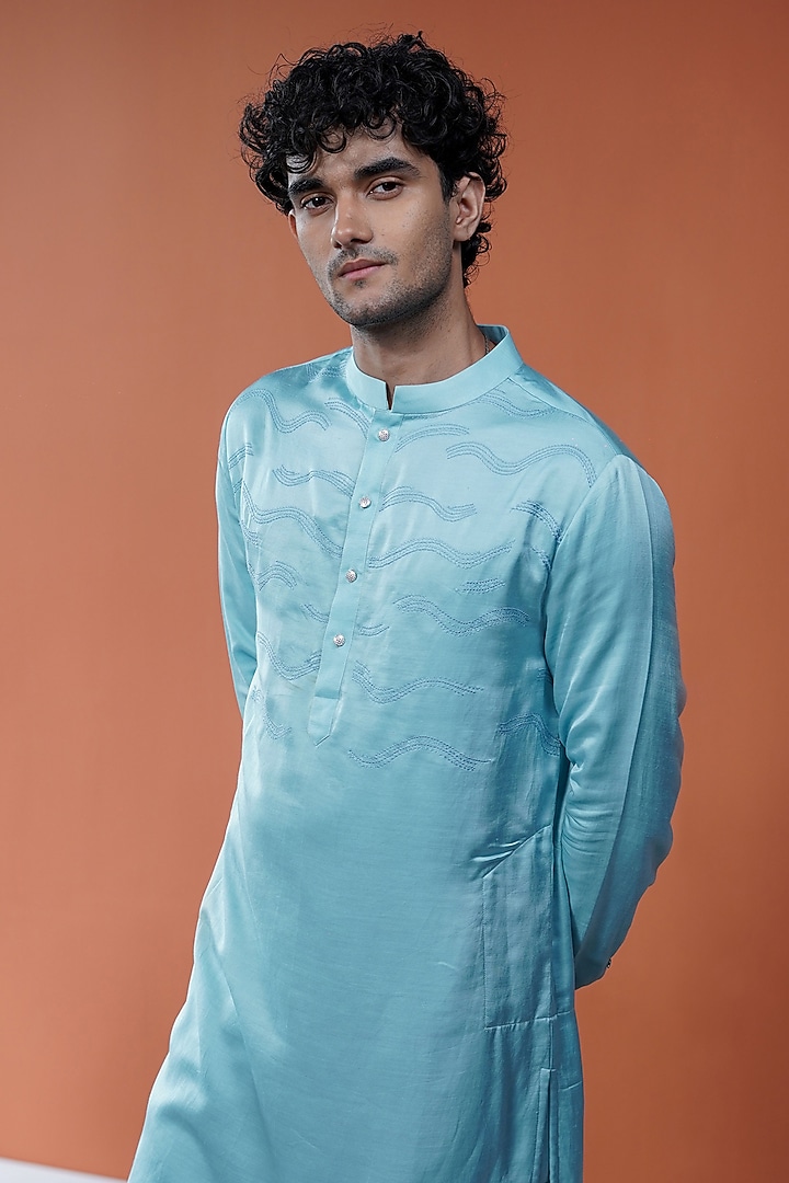 Light Blue Linen Satin Embroidered Kurta by Philocaly at Pernia's Pop Up Shop