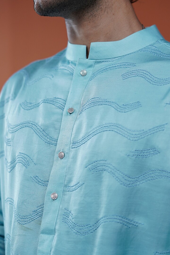 Light Blue Linen Satin Embroidered Kurta by Philocaly at Pernia's Pop Up Shop