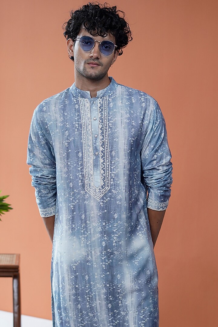 Blue Cotton Tussar Floral Printed & Dori Embroidered Kurta by Philocaly at Pernia's Pop Up Shop