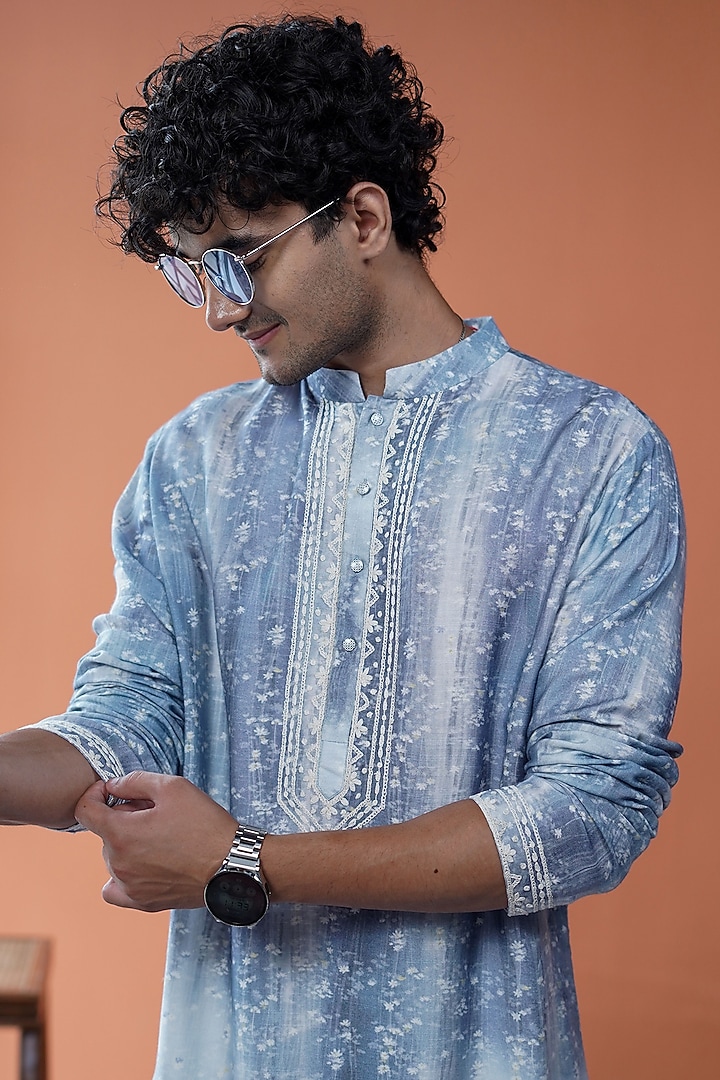 Blue Cotton Tussar Floral Printed & Dori Embroidered Kurta by Philocaly at Pernia's Pop Up Shop