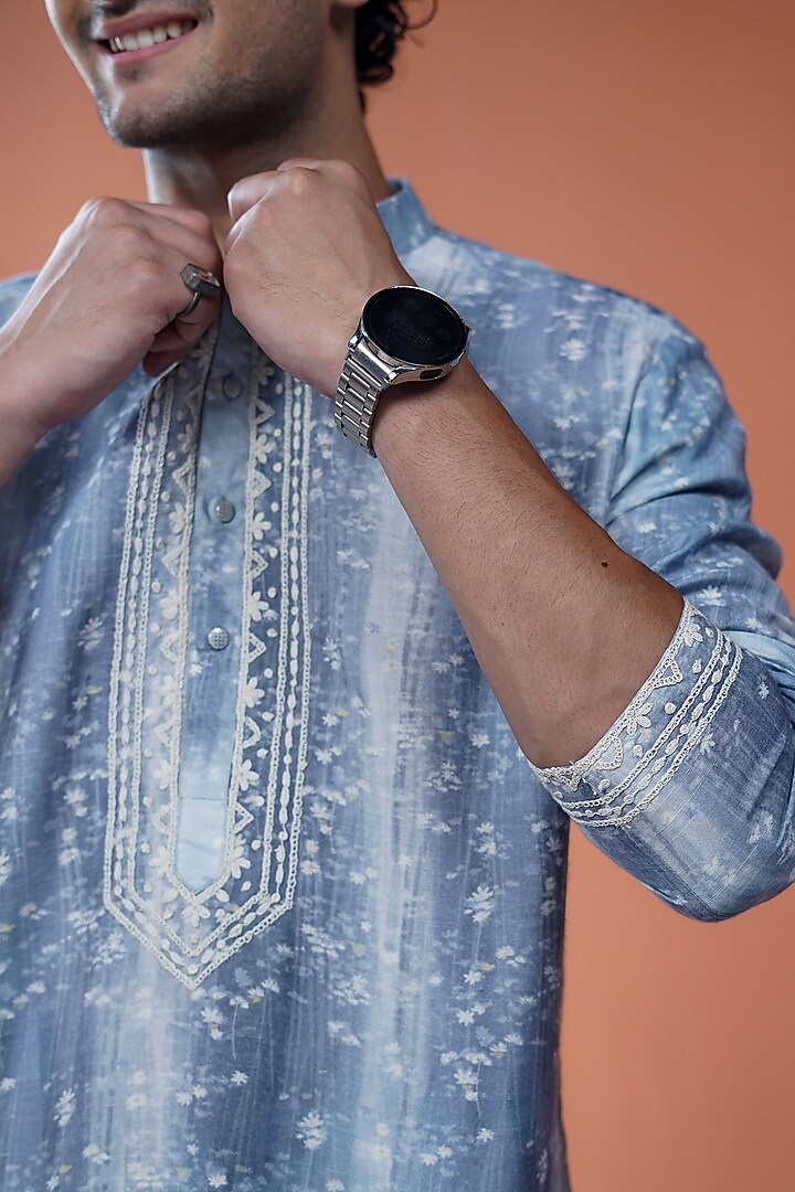 Blue Cotton Tussar Floral Printed & Dori Embroidered Kurta by Philocaly at Pernia's Pop Up Shop