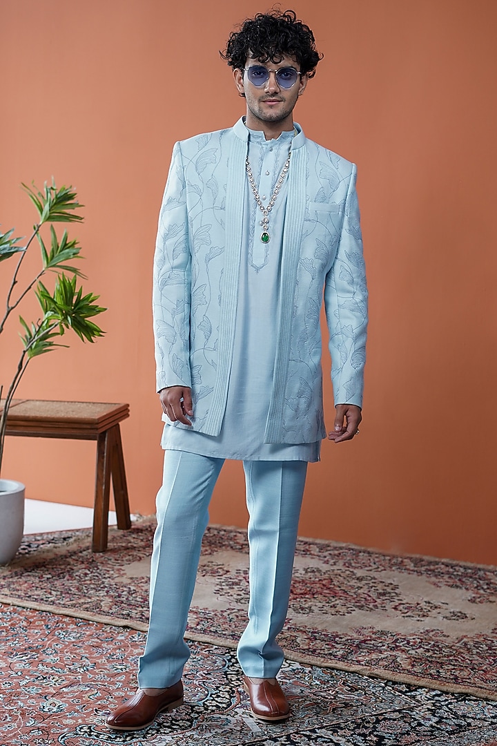 Light Blue Cotton Silk Embroidered Open-Style Bandhgala Set by Philocaly