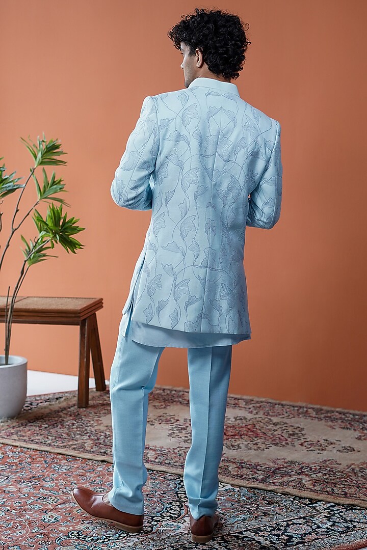 Light Blue Cotton Silk Embroidered Open-Style Wedding Bandhgala Set by Philocaly at Pernia's Pop Up Shop