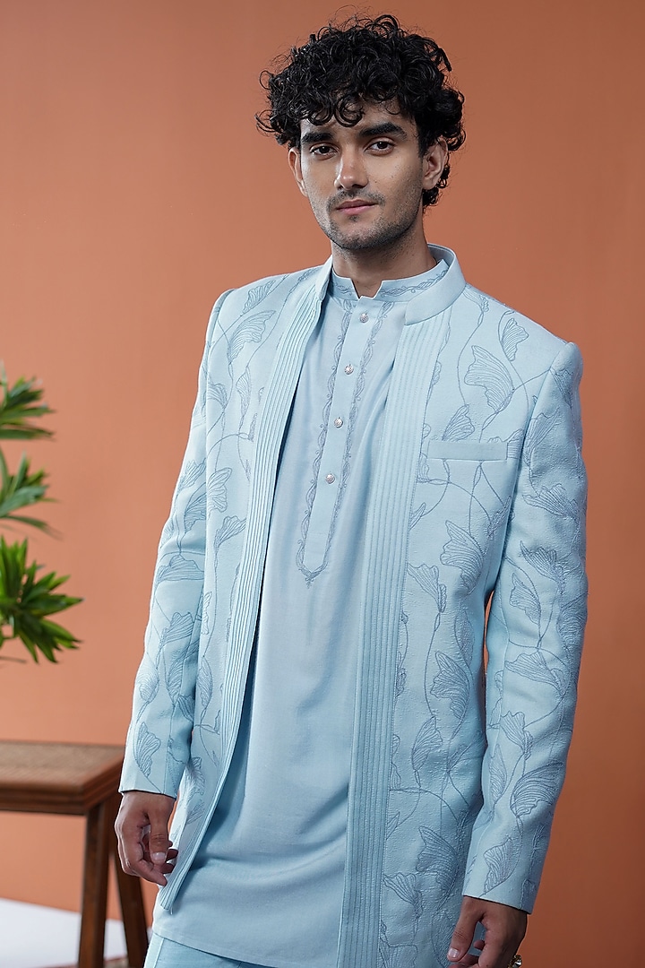 Light Blue Cotton Silk Embroidered Open-Style Wedding Bandhgala Set by Philocaly at Pernia's Pop Up Shop