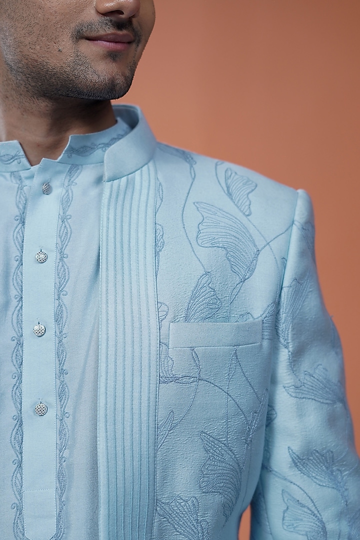 Light Blue Cotton Silk Embroidered Open-Style Wedding Bandhgala Set by Philocaly at Pernia's Pop Up Shop