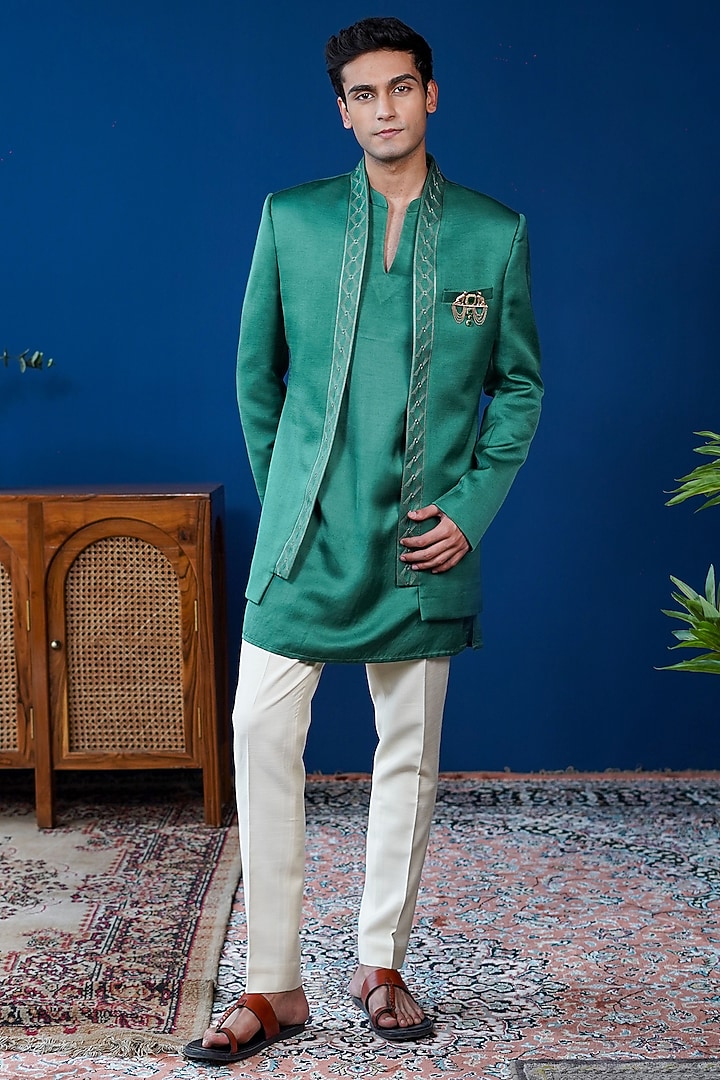 Emerald Green Linen Satin Embroidered Bandhgala by Philocaly