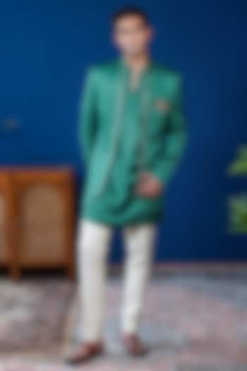 Emerald Green Linen Satin Embroidered Bandhgala Set by Philocaly