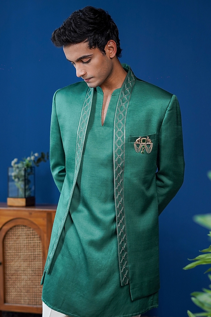 Emerald Green Linen Satin Embroidered Wedding Bandhgala Set by Philocaly at Pernia's Pop Up Shop
