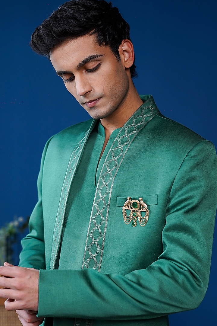 Emerald Green Linen Satin Embroidered Wedding Bandhgala Set by Philocaly at Pernia's Pop Up Shop