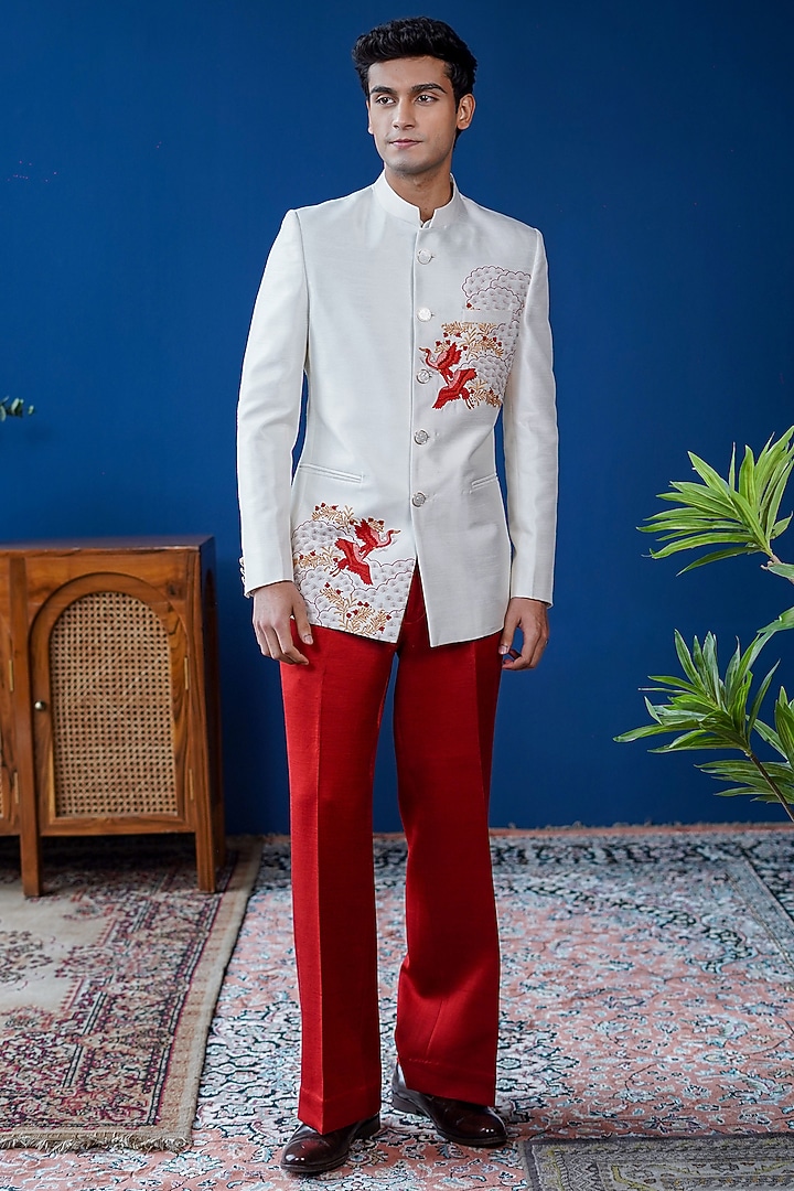 Off-White Silk Blend Flora & Fauna Embroidered Bandhgala by Philocaly