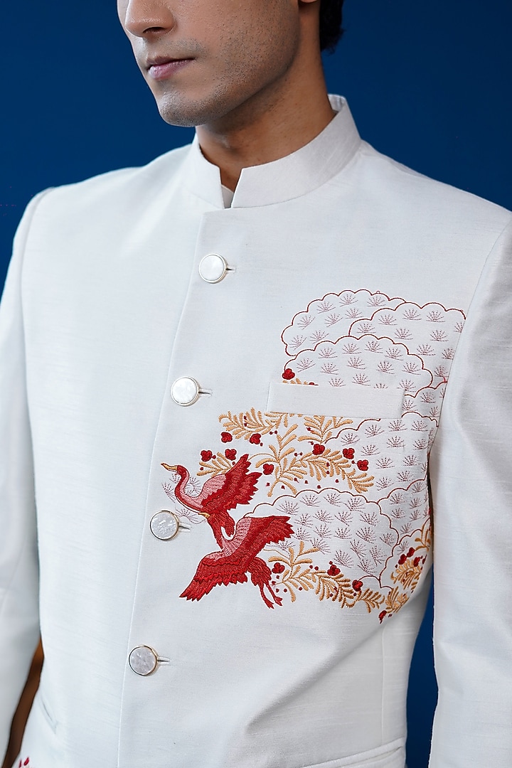 Off-White Silk Blend Flora & Fauna Embroidered Bandhgala by Philocaly at Pernia's Pop Up Shop