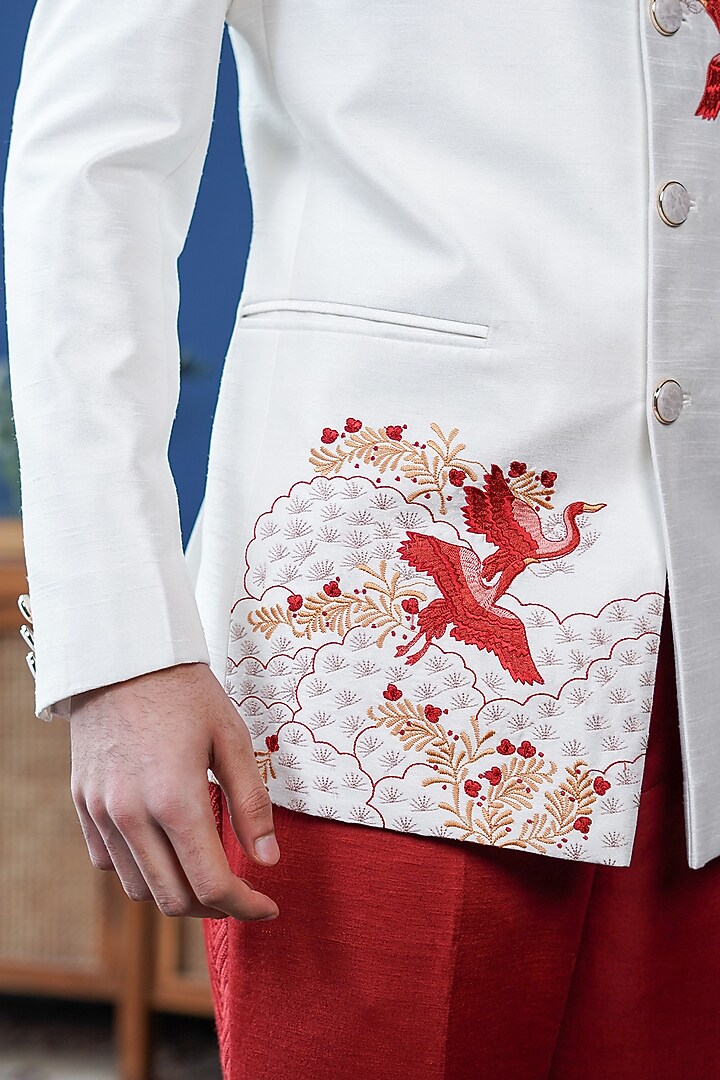 Off-White Silk Blend Flora & Fauna Embroidered Bandhgala by Philocaly at Pernia's Pop Up Shop