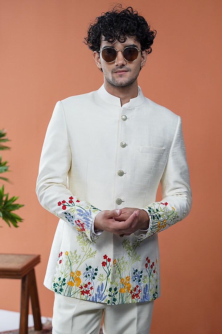 Off-White Silk Blend Flora Embroidered Wedding Bandhgala by Philocaly at Pernia's Pop Up Shop