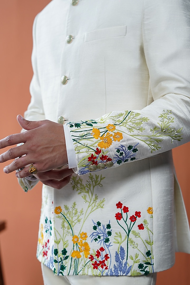 Off-White Silk Blend Flora Embroidered Wedding Bandhgala by Philocaly at Pernia's Pop Up Shop